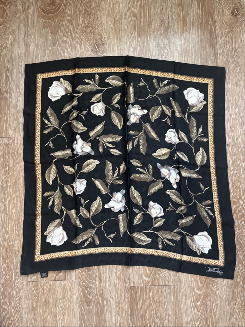 Williamsburg Floral Silk Scarf, black/white/green 26” square
